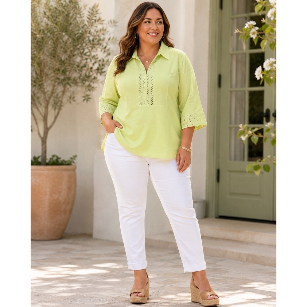 Lane Bryant 18/20 Lime Green Eyelet Popover Blouse Plus Size Cotton Stretch Top